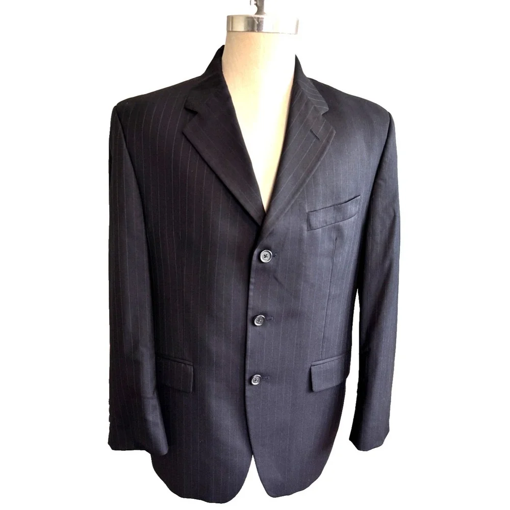 Ralph Lauren 40S‎ Short Blazer Navy Blue Pinstripe 3 Button Wool Jacket